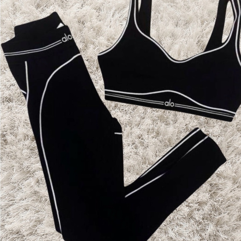 ALO Yoga Airlift Heart Throb Black Leggings and Sports Bra with White Accents